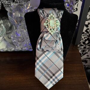 Elegant Gray and Blue Plaid Tie with Gemstone Accent